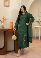 Naaz Couture Hand Embellished Raw Silk Suit Bottle Green Women 3pcs