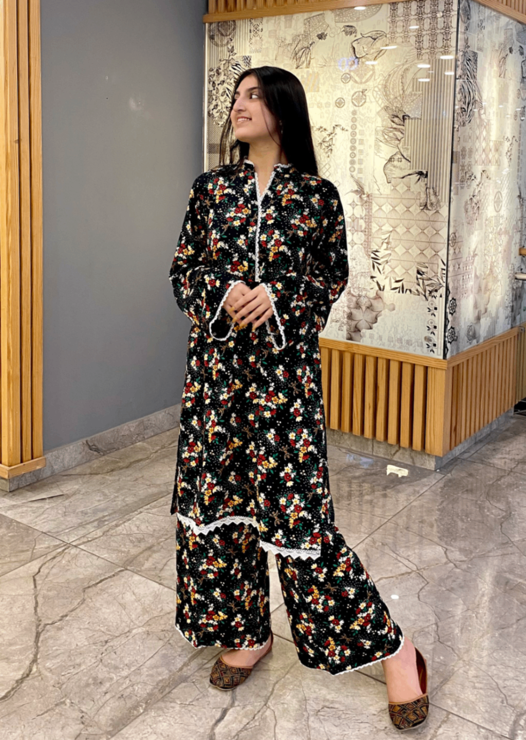 Namal Zara Ltd Co Ord Linen Set Dark Black Floral Women 2pcs