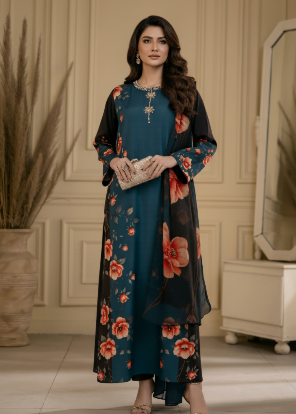 Brandlo.Pk Teal & Black Floral Printed Silk/Satin Three Piece Ensemble Women 2pcs