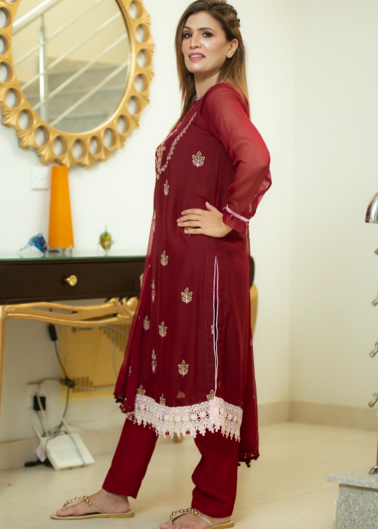 Hayati Collections Chiffon | Embroidered Suit with Dupatta | Maroon Women 3pcs