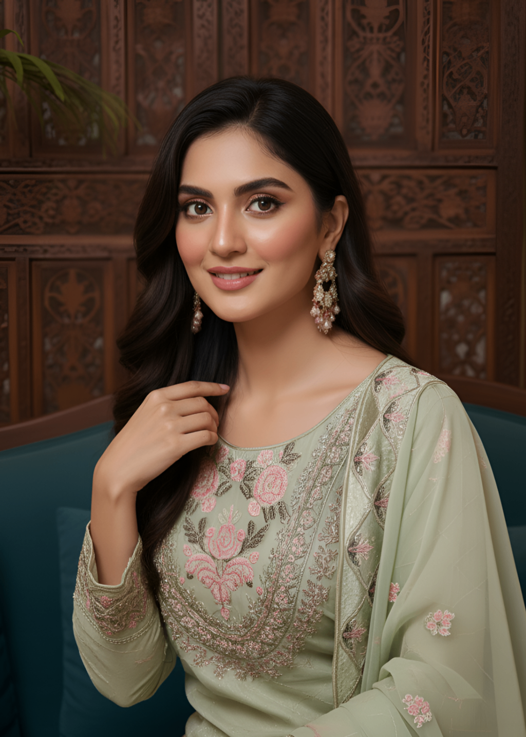 MMG Garments NOOR E NAAZ ORGANZA LEHNGA CHOLI MOSS GREEN MMG 781 Women 3pcs