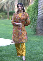 Hayati Collections Organza | Printed Gown with Inner Silk | | Mustard Brown Women 3pcs