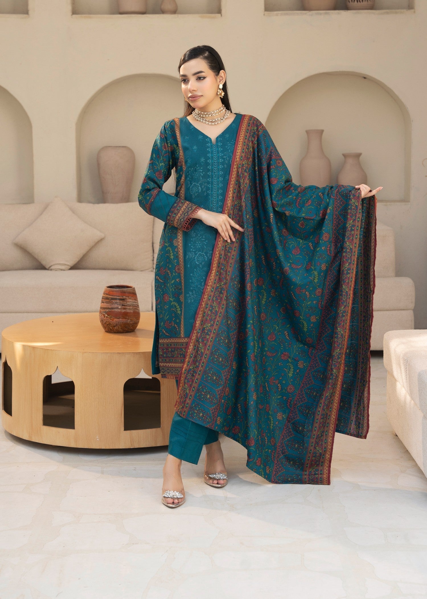Designer Rack digital print embraided Dhanak teal Women 3pcs