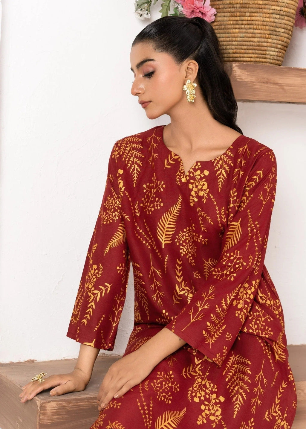 Chaudhary Arts Leave mahroon Women 2pcs