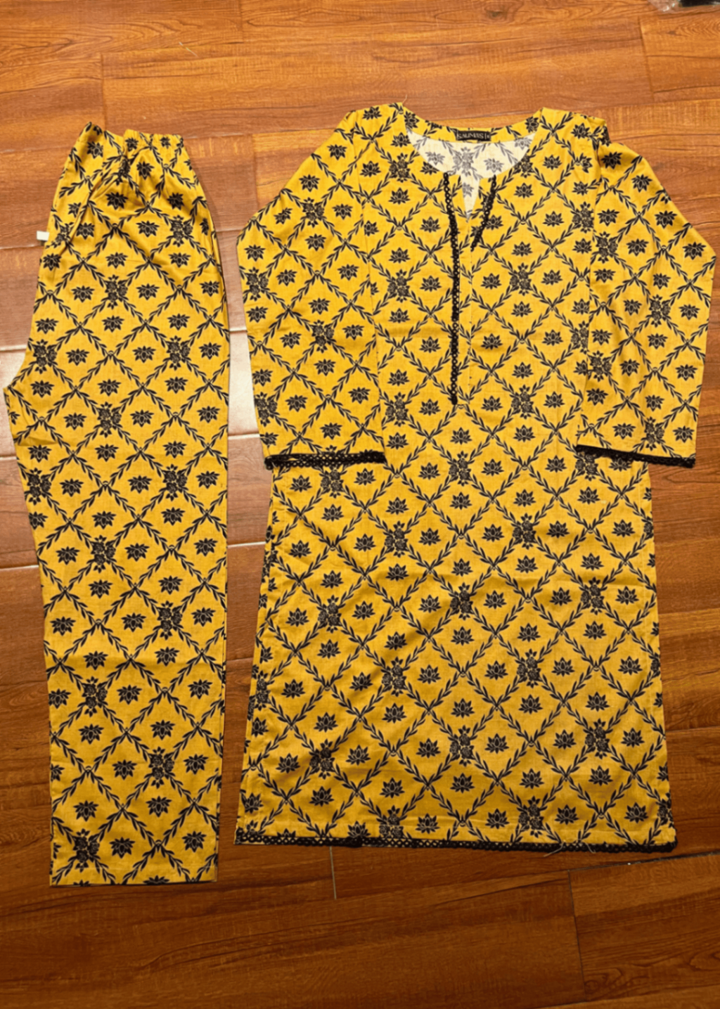 Salimas Stitched Lawn Suit – Yellow with Black Print Women 2pcs