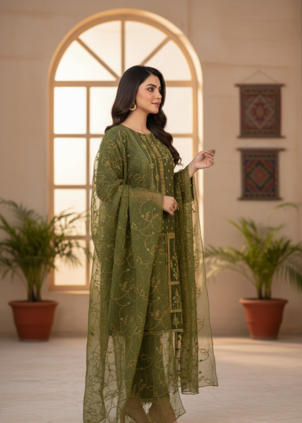 MMG Garments NOOR E KHADDAR| KHADDAR EMBROIDERED KURTA SET OLIVE GREEN MMG 813 Women 3pcs