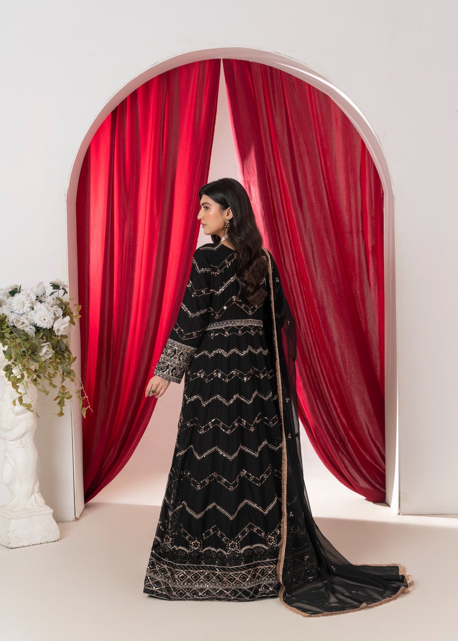 Hkb Officials Ameera Velour Black Chiffon Angarkha Mirror Maxi Women 3pcs