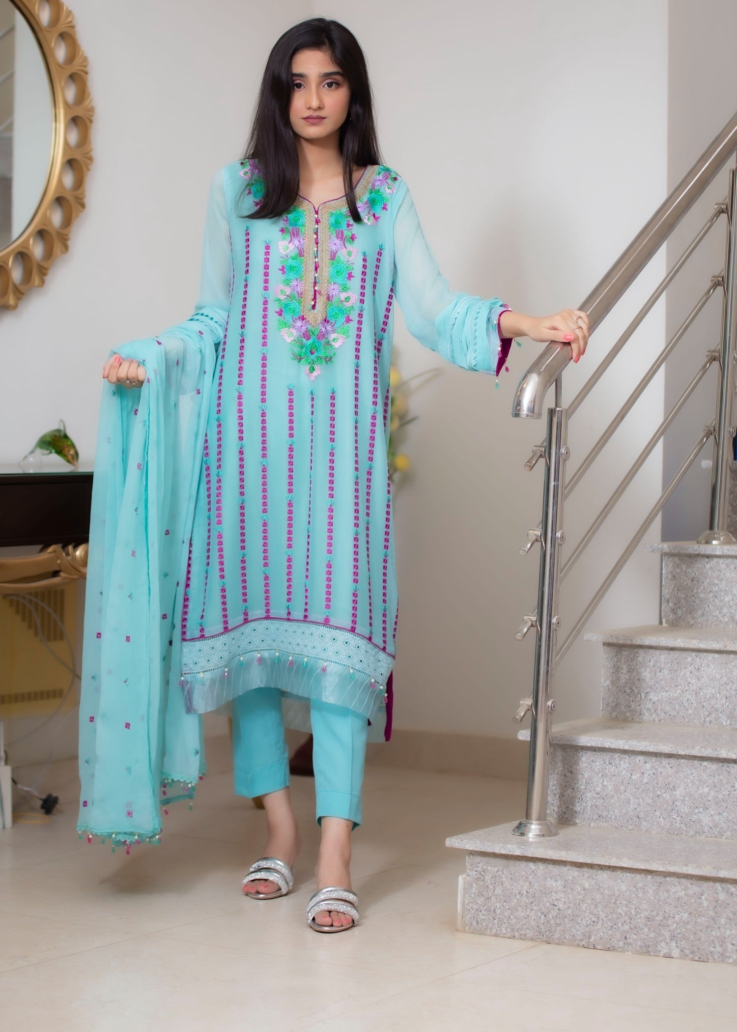 Hayati Collections Chiffon | Embroidered Suit with Dupatta | Aqua Women 3pcs