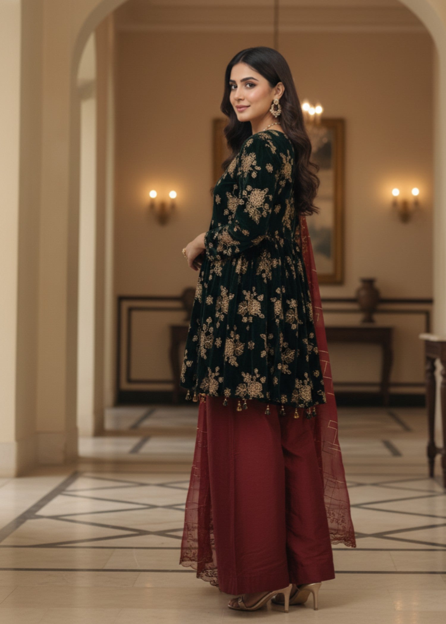 MMG Garments SHEHNAI|VELVET EMBROIDERED D FROCK GREEN Women 3pcs