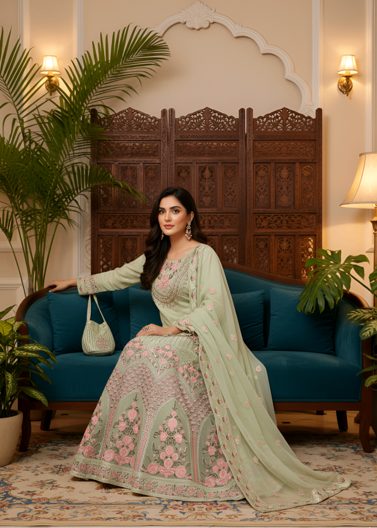 MMG Garments NOOR E NAAZ ORGANZA LEHNGA CHOLI MOSS GREEN MMG 781 Women 3pcs