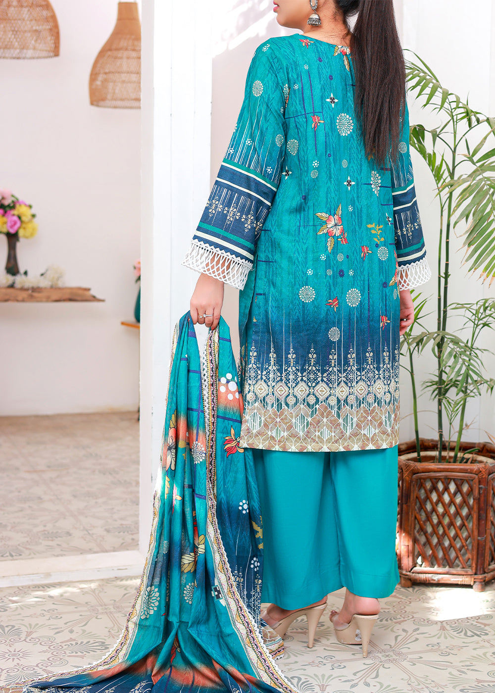 Green Blue Printed stitched lawn suit Women 3pcs