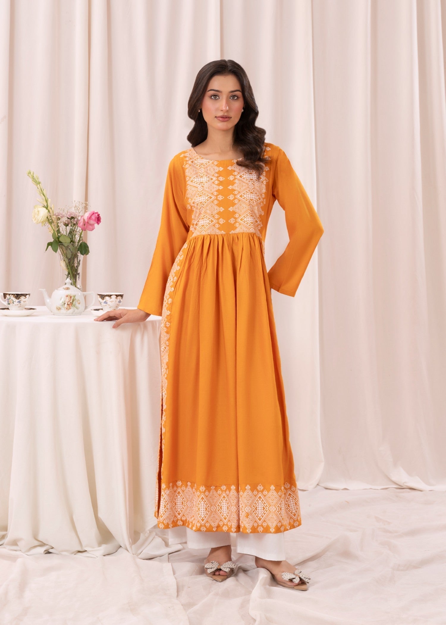 Laal Kurti Mustard White printed long kurta D117 Women 1pcs