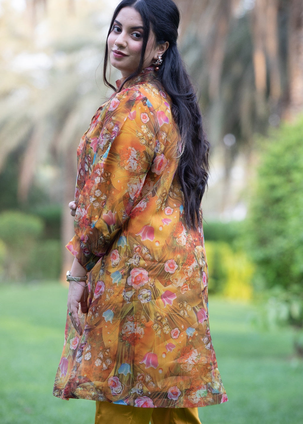 Hayati Collections Organza | Printed Gown with Inner Silk | | Mustard Brown Women 3pcs