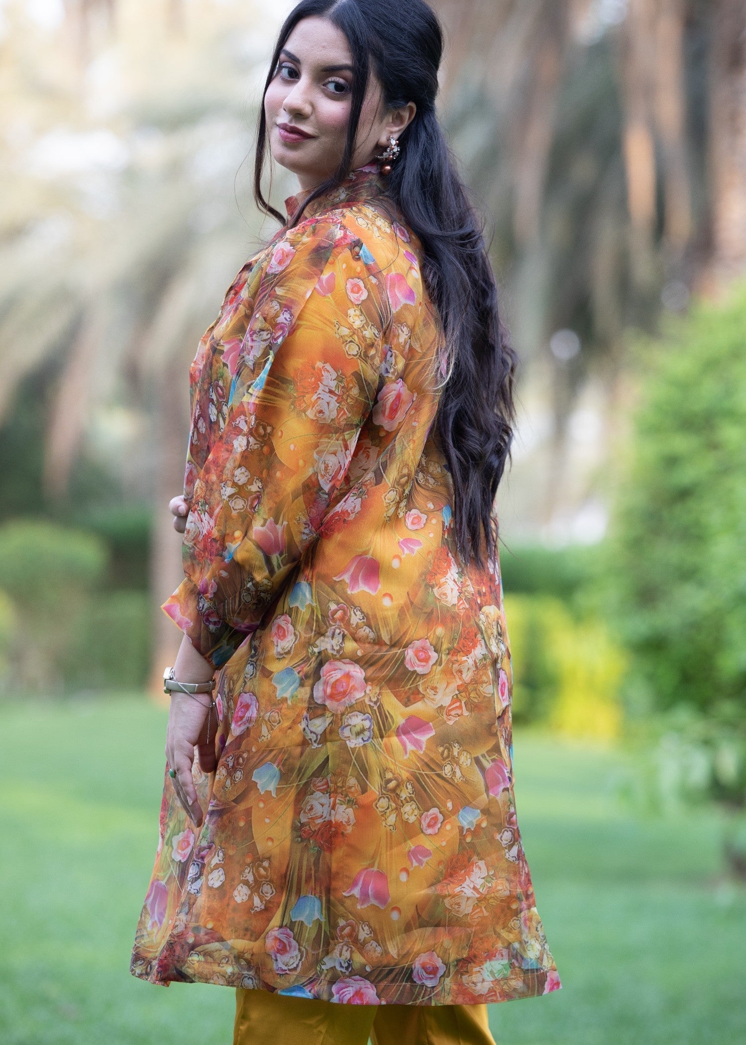 Hayati Collections Organza | Printed Gown with Inner Silk | | Mustard Brown Women 3pcs