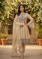 MMG Garments BALOCHI GRACE|CHIFFON EMBROIDERED PISHWAS CREAM MMG 1097 Women 3pcs