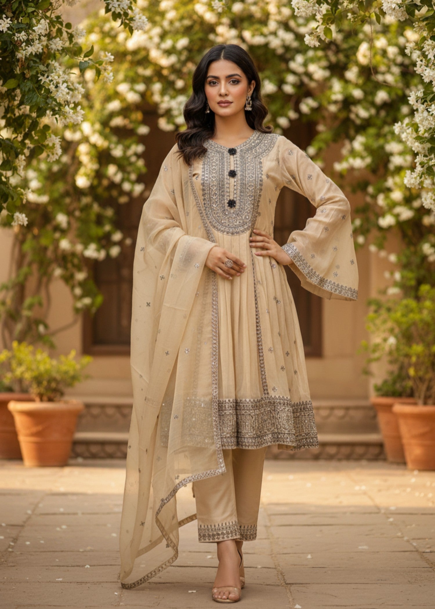 MMG Garments BALOCHI GRACE|CHIFFON EMBROIDERED PISHWAS CREAM MMG 1097 Women 3pcs