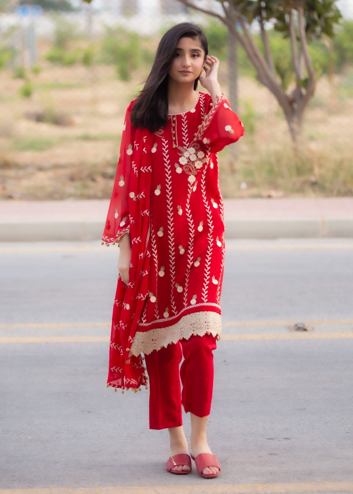 Hayati Collections Chiffon | Embroidered Suit with Dupatta | Red Women 3pcs
