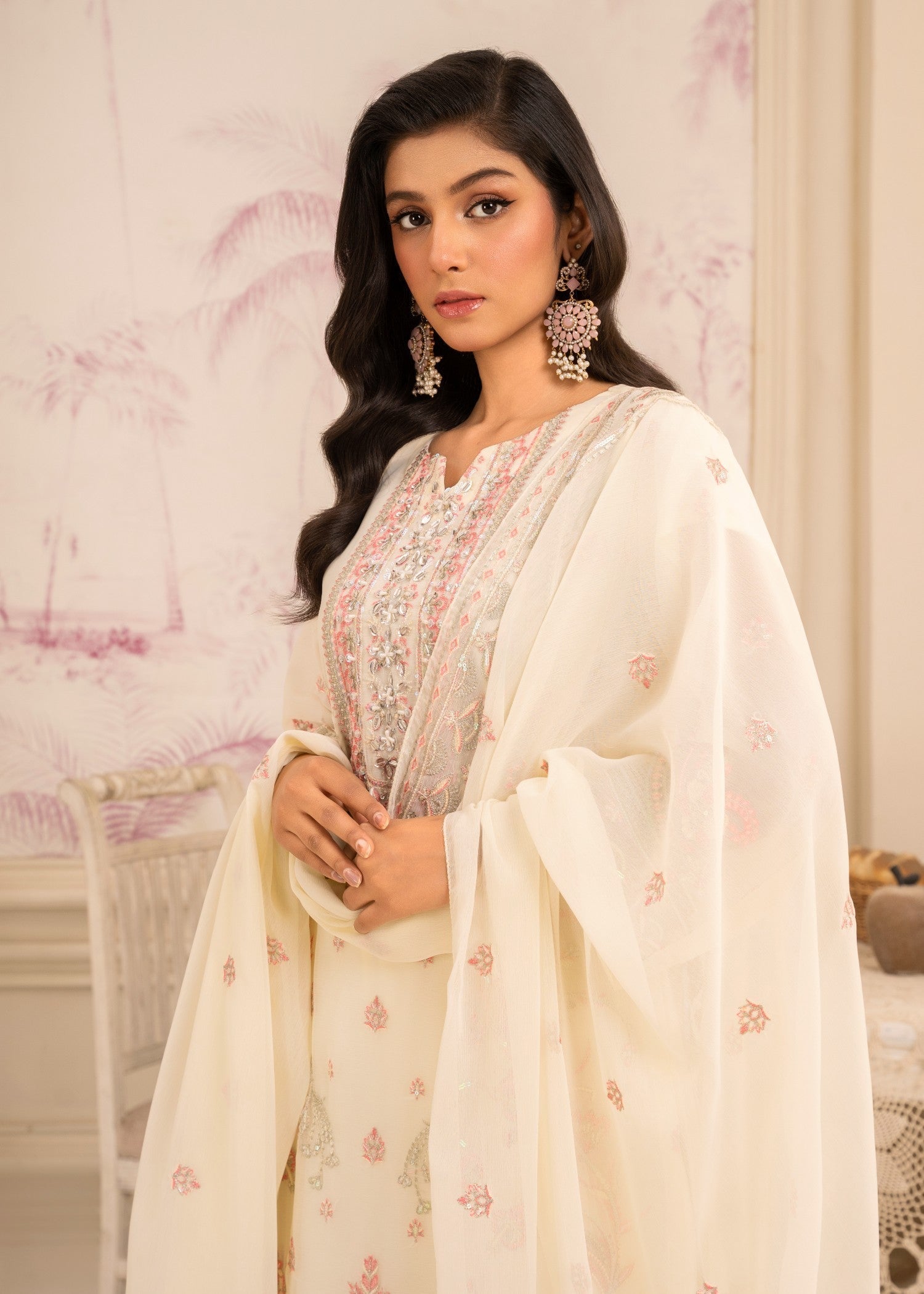 Four Season Boutique MEHAK CHIFFON CREAM Women 3pcs