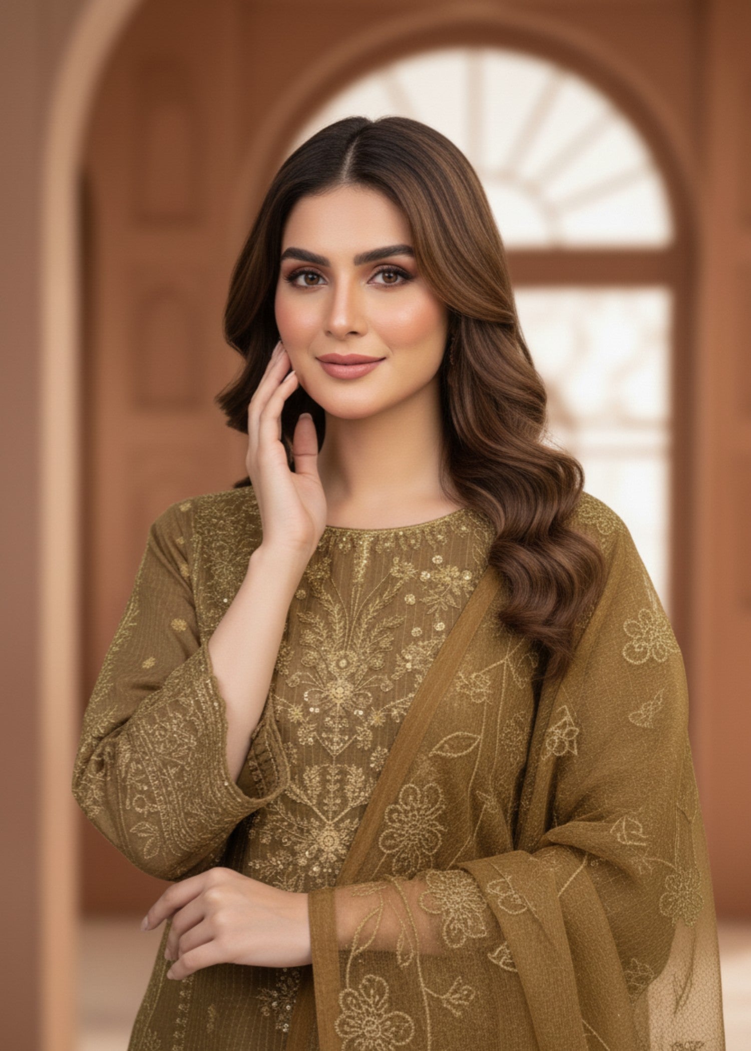 MMG Garments NAIRA| ORGANZA NET KURTA SET GOLDEN BROWN MMG 1048 Women 3pcs