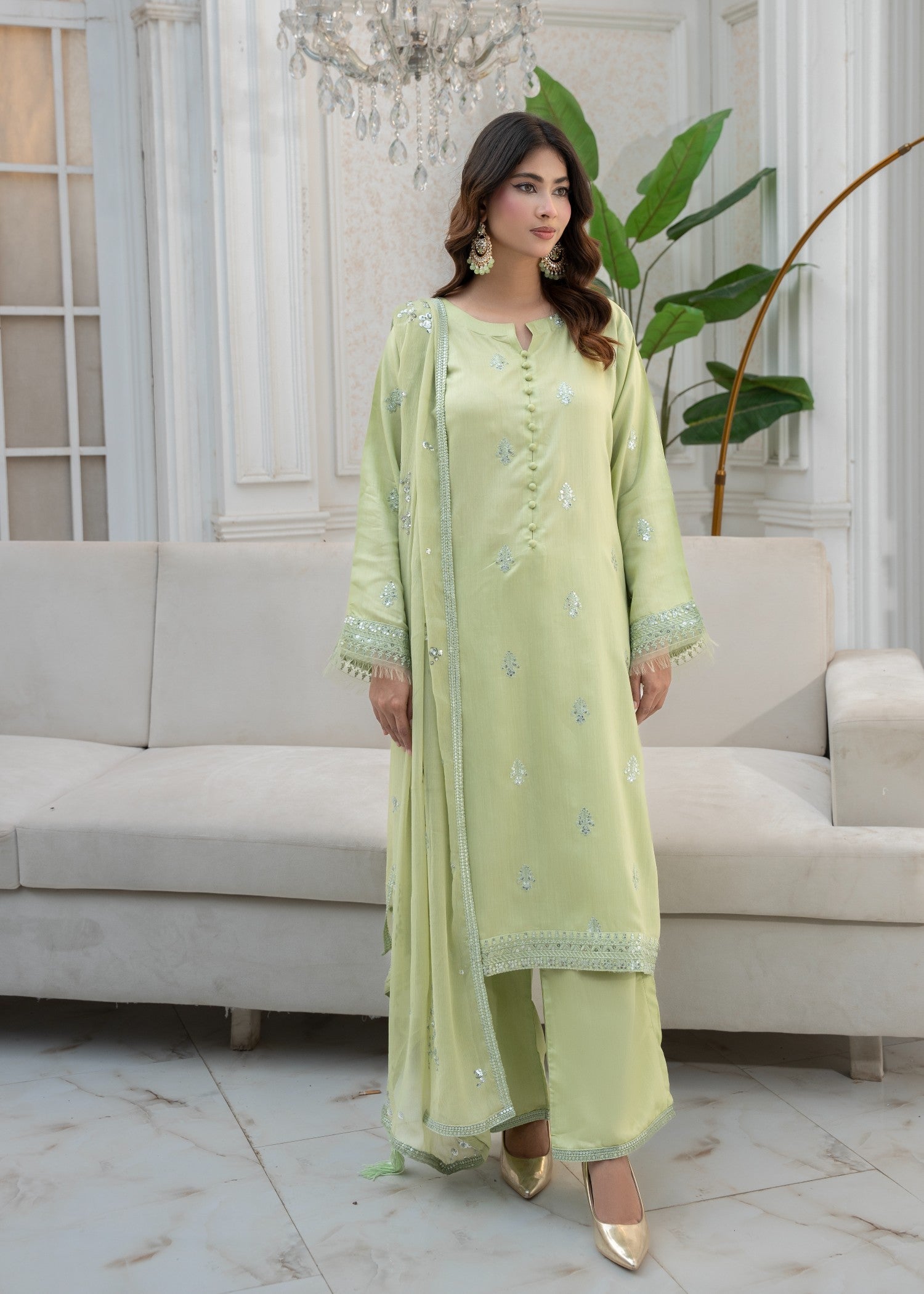 Maharani Official Noor e eid Pista Embroidered Stitched suit Women 3pcs