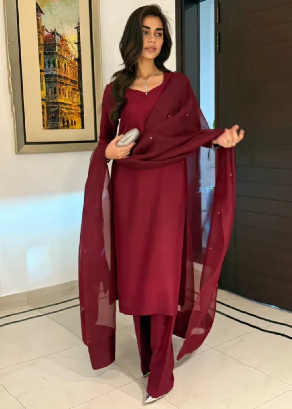 Uzman Yasen Red Farshi Shalwar Women 3pcs