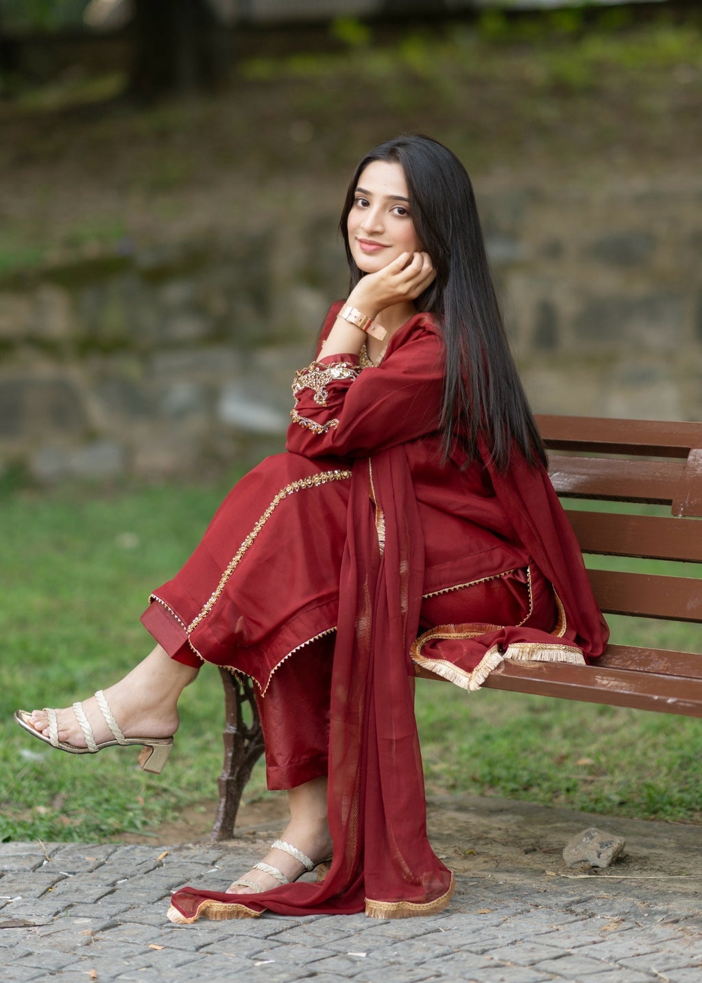 Suits By Sadia Maroon chiffon decent Women 3pcs