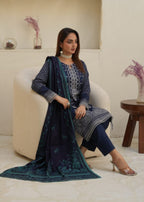 Designer Rack Digital print embraided Dhanak blue Women 3pcs