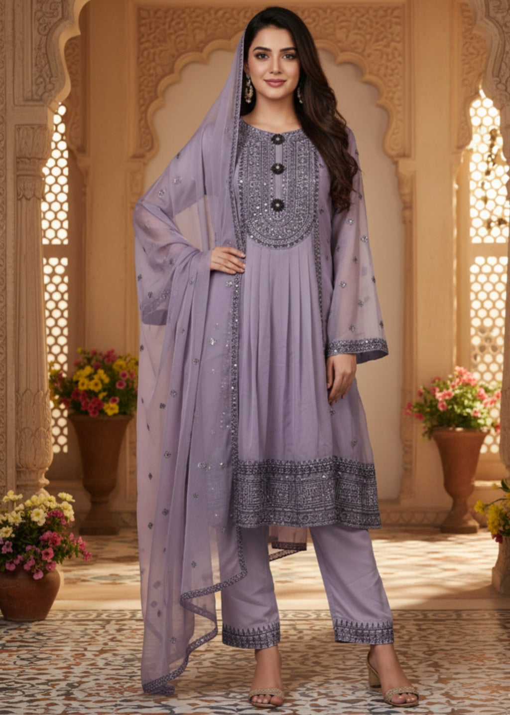 MMG Garments BALOCHI GRACE|CHIFFON EMBROIDERED PISHWAS PURPLE ASH MMG 1097 Women 3pcs