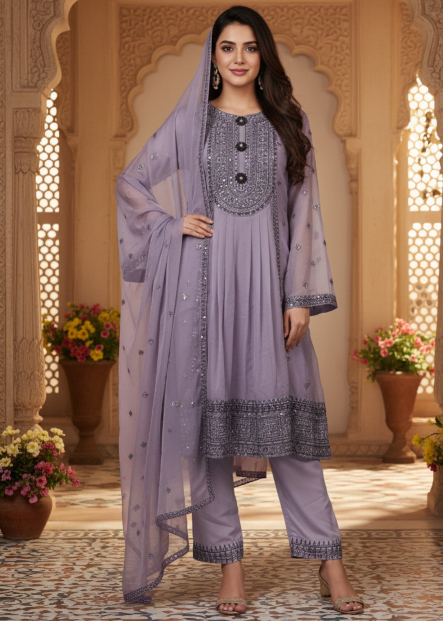 MMG Garments BALOCHI GRACE|CHIFFON EMBROIDERED PISHWAS PURPLE ASH MMG 1097 Women 3pcs