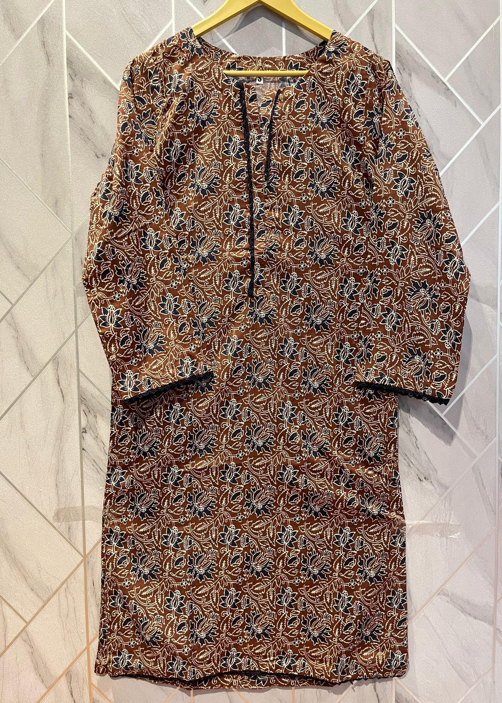 Salimas Lawn Cotton Suit – Brown Base with Black & White Floral Print Women 2pcs