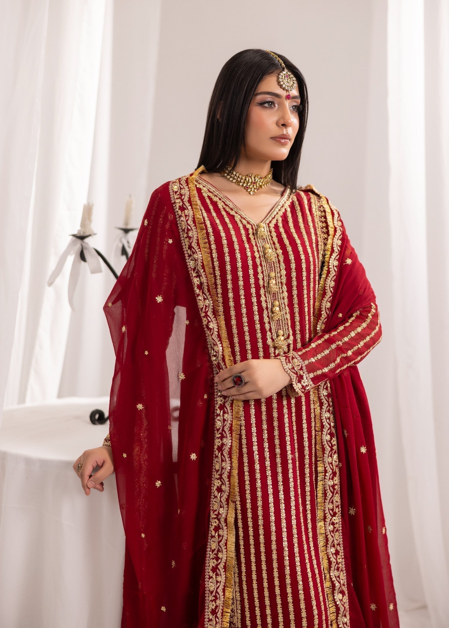 Alyssa MAROON CHIFFON SUIT ALL908 Women 3pcs