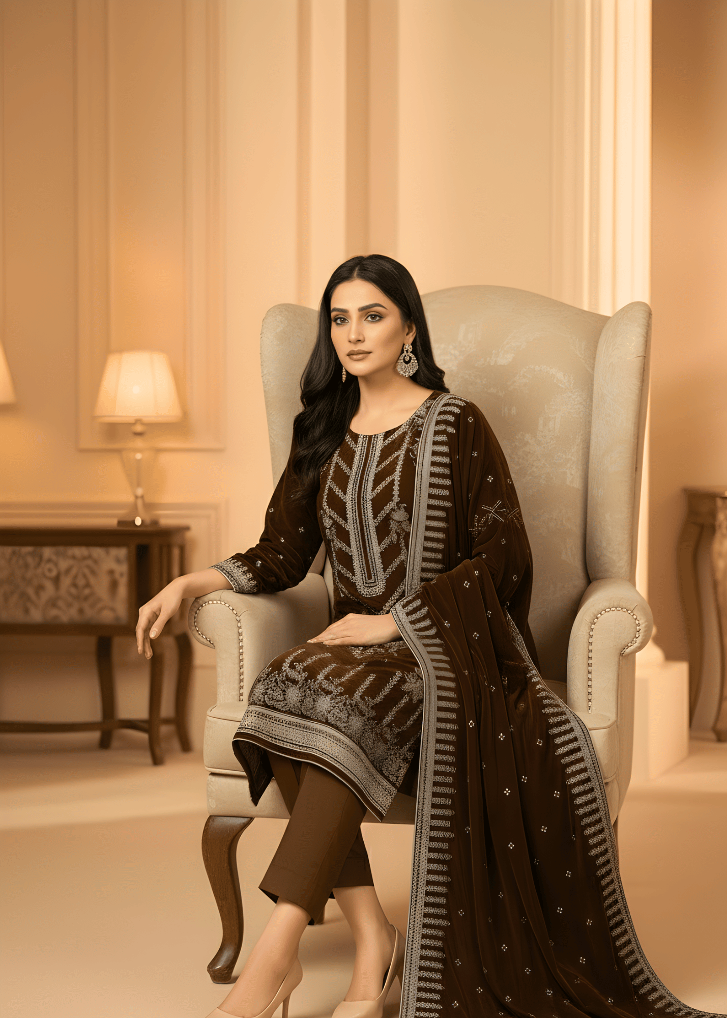 Sutar Chestnut Royale – Velvet Embroidered Set Women 3pcs