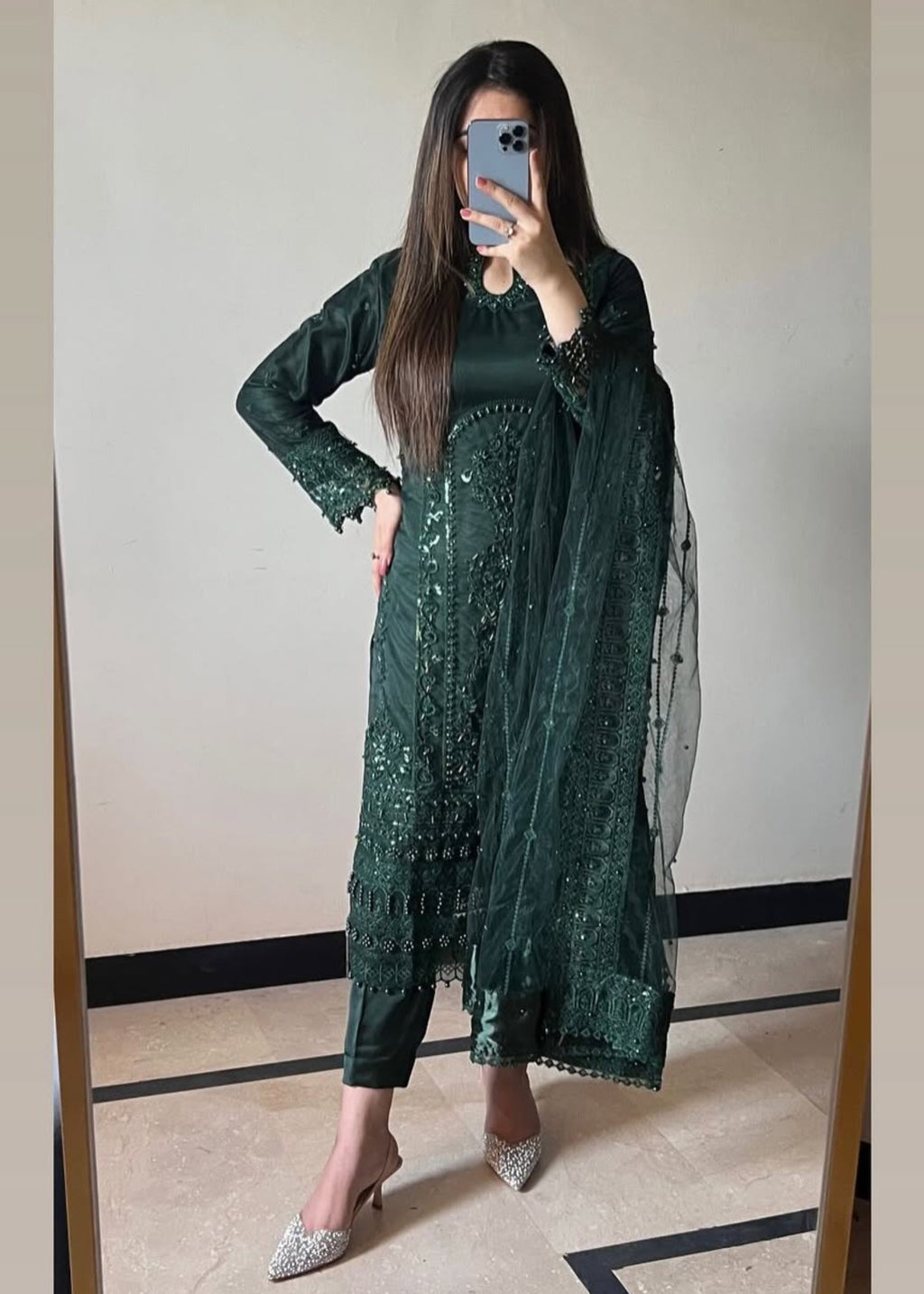 Suits By Sadia Bottle green net Women 3pcs