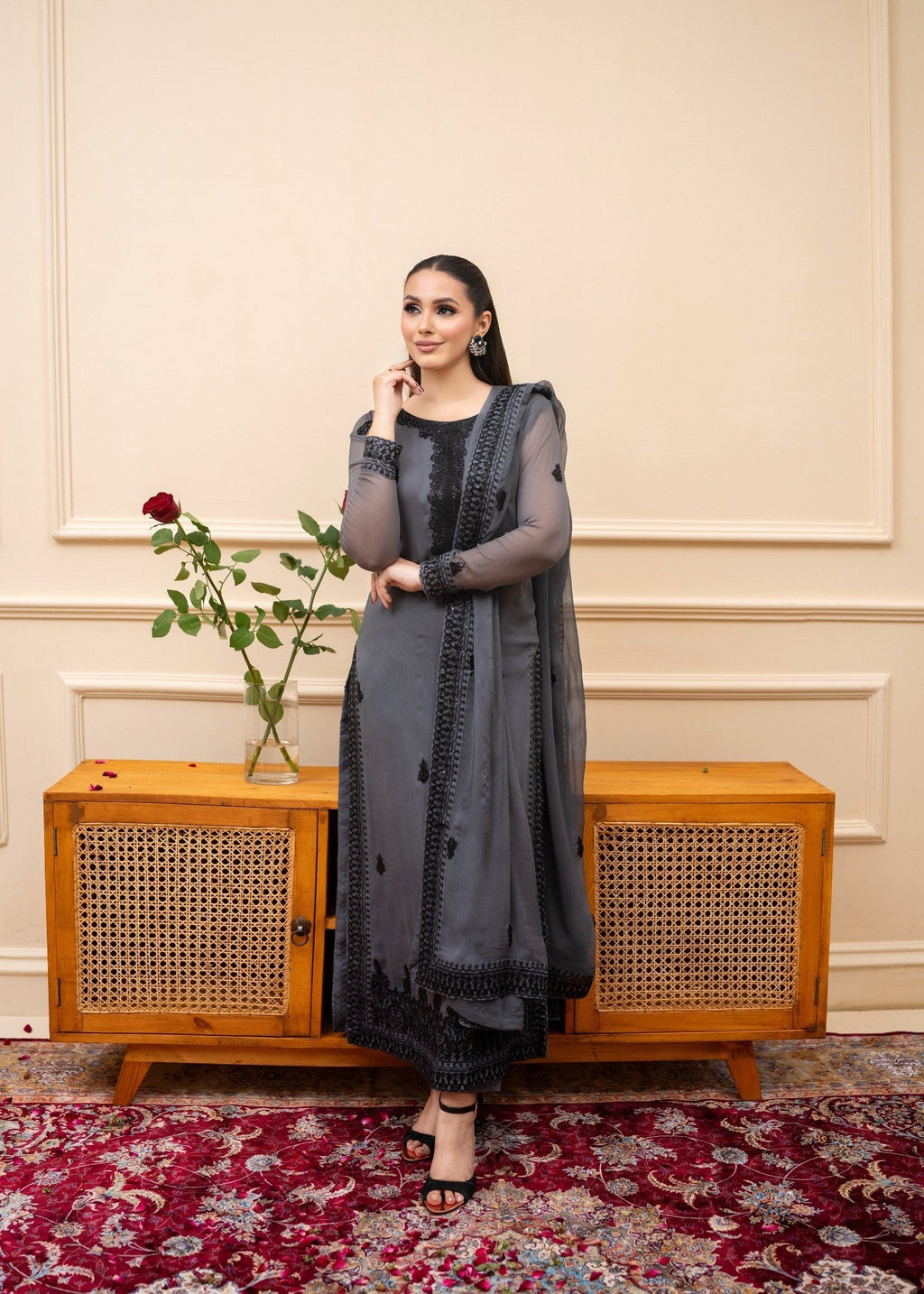 Alyssa GREY CHIFFON SUIT ALL308 Women 3pcs