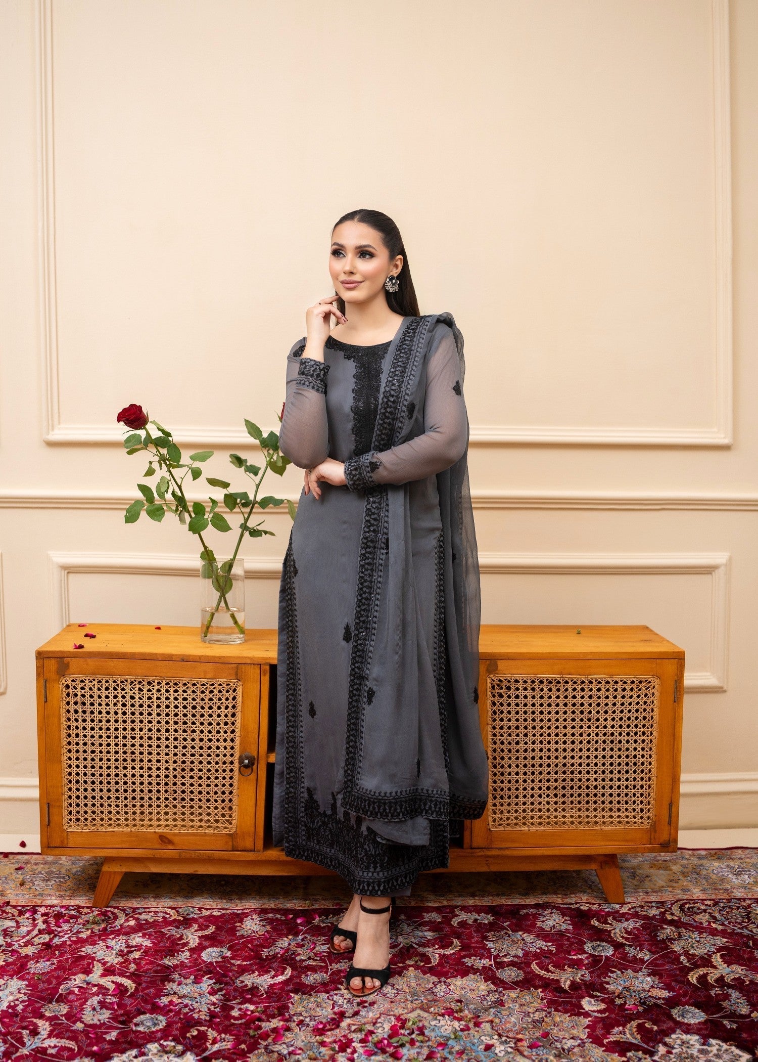 Alyssa GREY CHIFFON SUIT ALL308 Women 3pcs