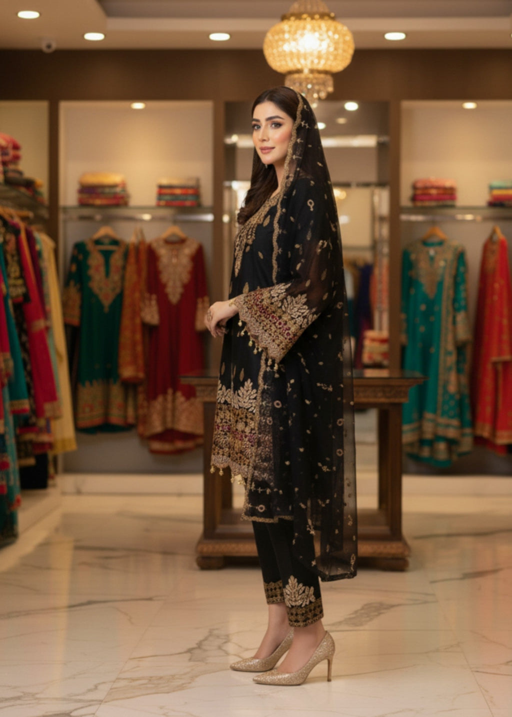 MMG Garments ANCHAL CLASSICAL CHIFFON EMBROIDERED FROCK BLACK MMG 893 Women 3pcs