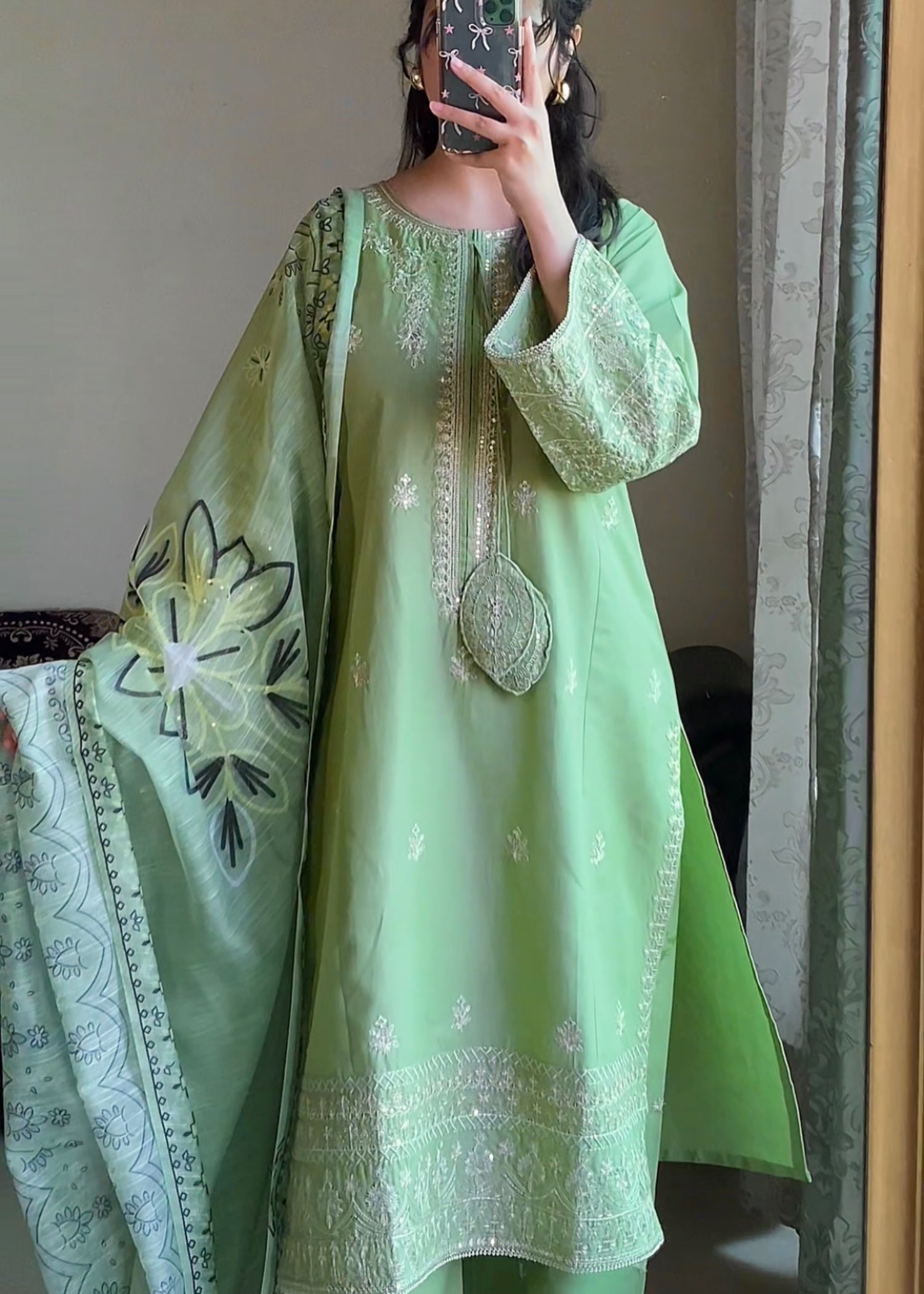Attirepret Pistachio Green Embroidered Cotton Suit – By Women 3pcs