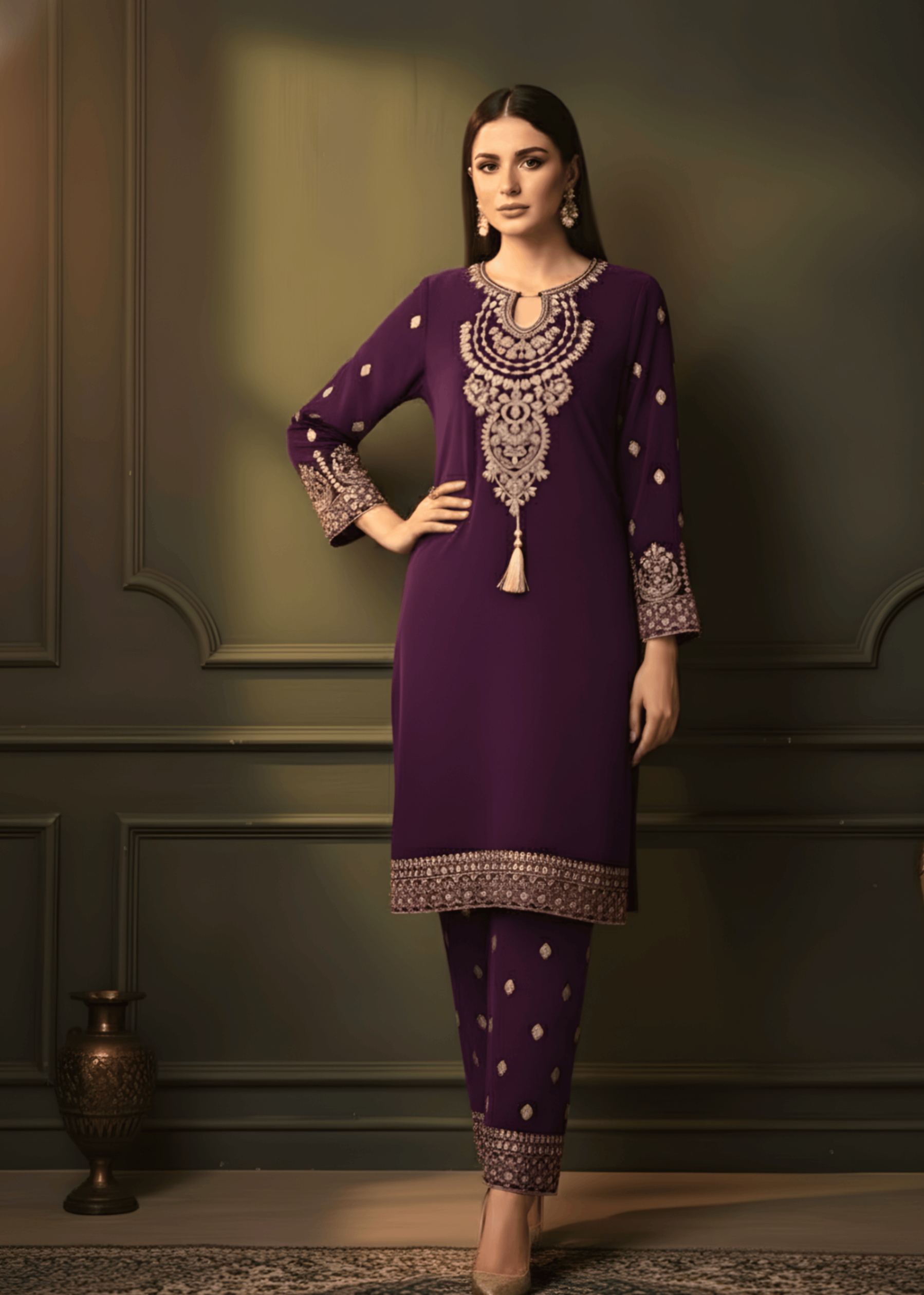 Sutar Purple Velvet Luxe Embroidered Set Women 2pcs