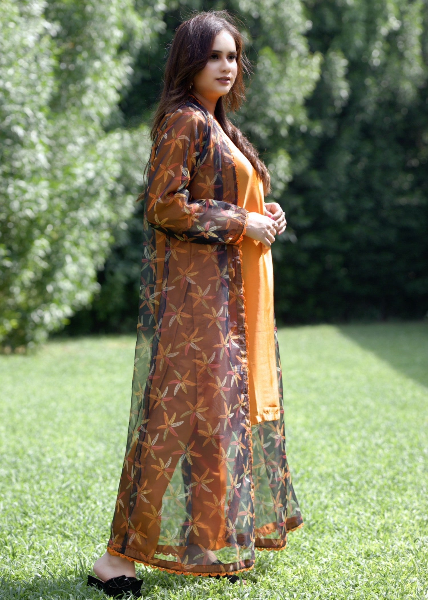 Hayati Collections Organza | Printed Gown with Silk Inner | | Gold Women 3pcs