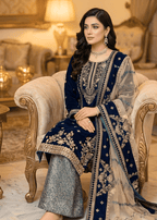 Sutar Royal Navy Embroidered Velvet Ensemble with Net Dupatta & Jamawar Bottoms Women 3pcs