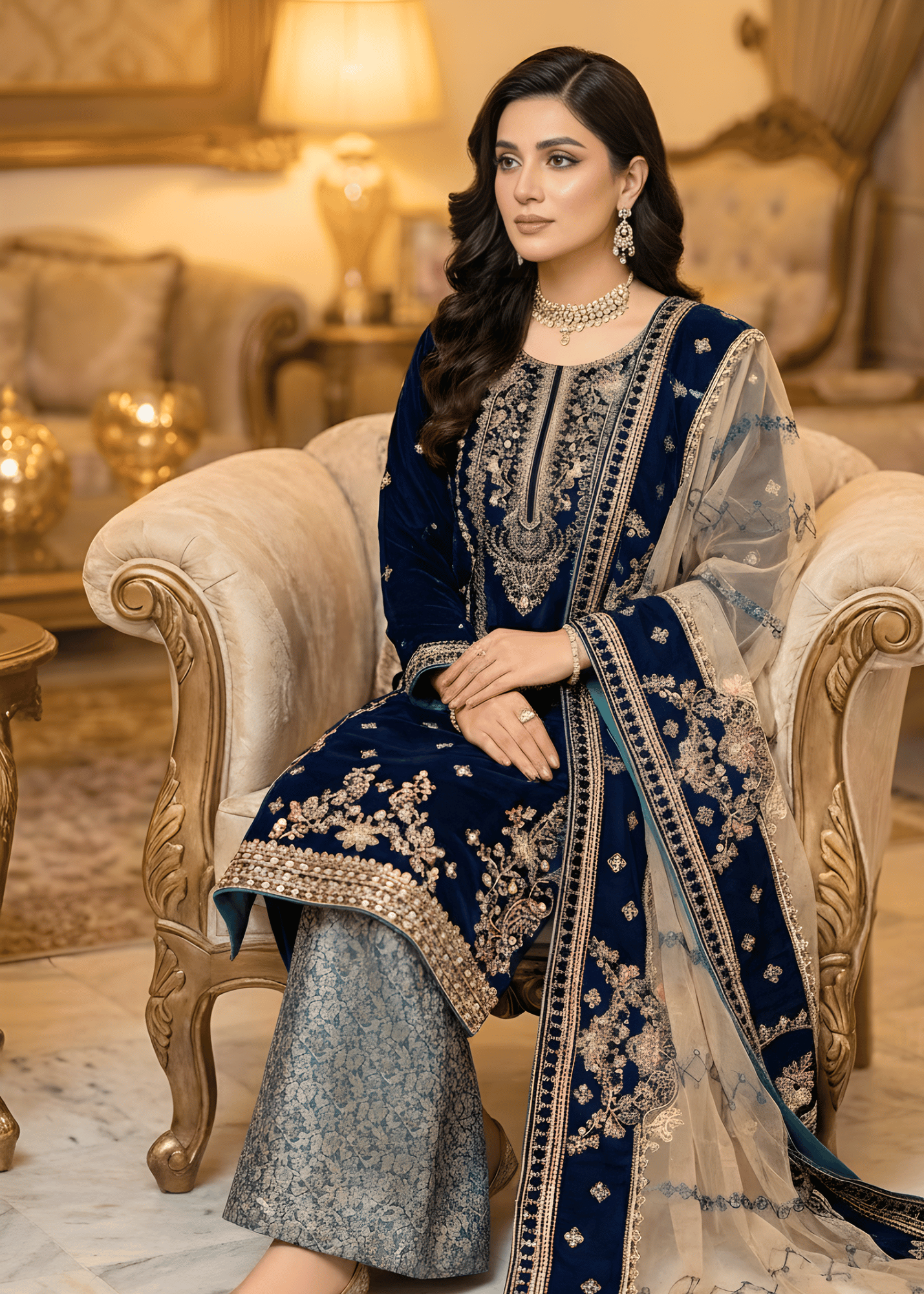 Sutar Royal Navy Embroidered Velvet Ensemble with Net Dupatta & Jamawar Bottoms Women 3pcs
