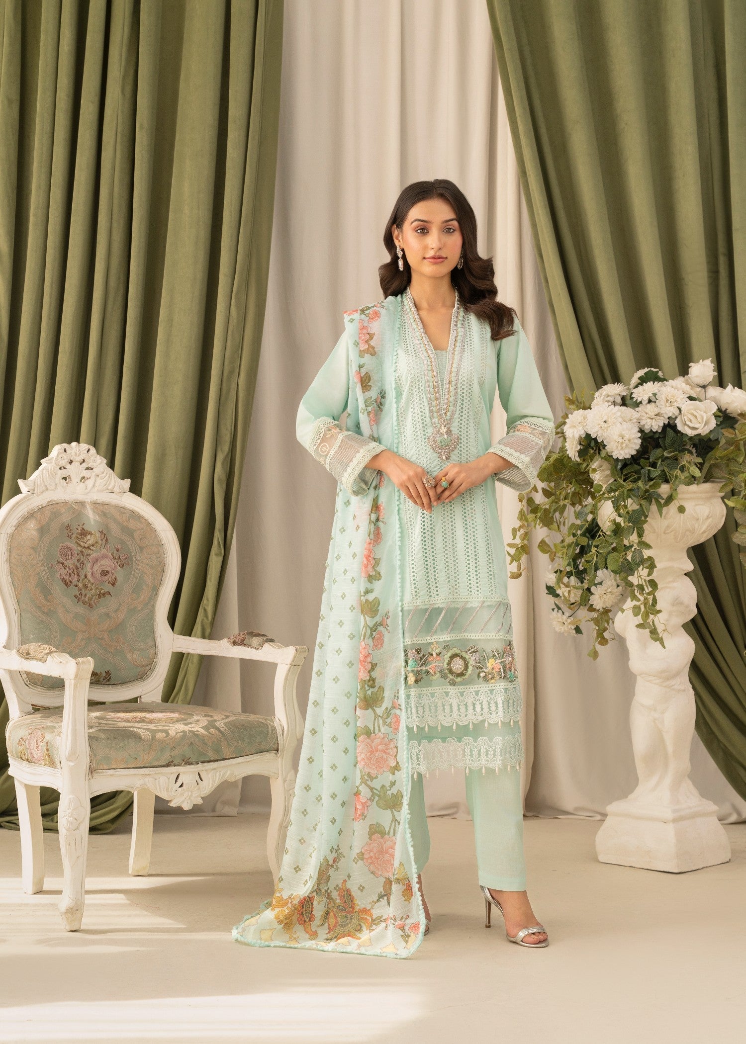 Khubsurat 3558 KH CT Ice Blue Embroidery Long Shirt Cotton Women 3pcs