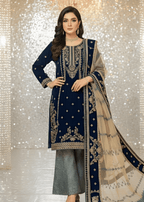 Sutar Royal Navy Embroidered Velvet Ensemble with Net Dupatta & Jamawar Bottoms Women 3pcs