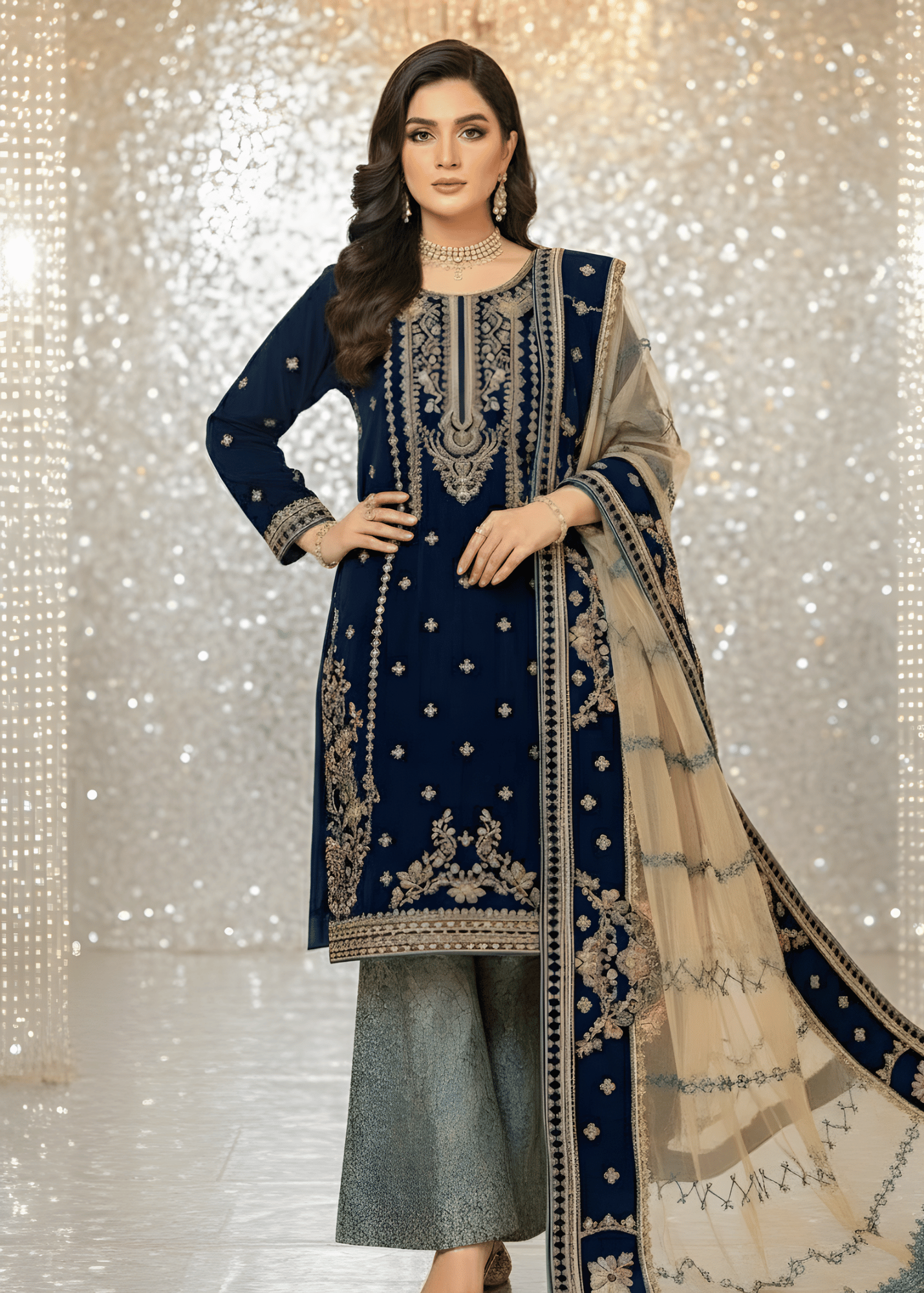 Sutar Royal Navy Embroidered Velvet Ensemble with Net Dupatta & Jamawar Bottoms Women 3pcs