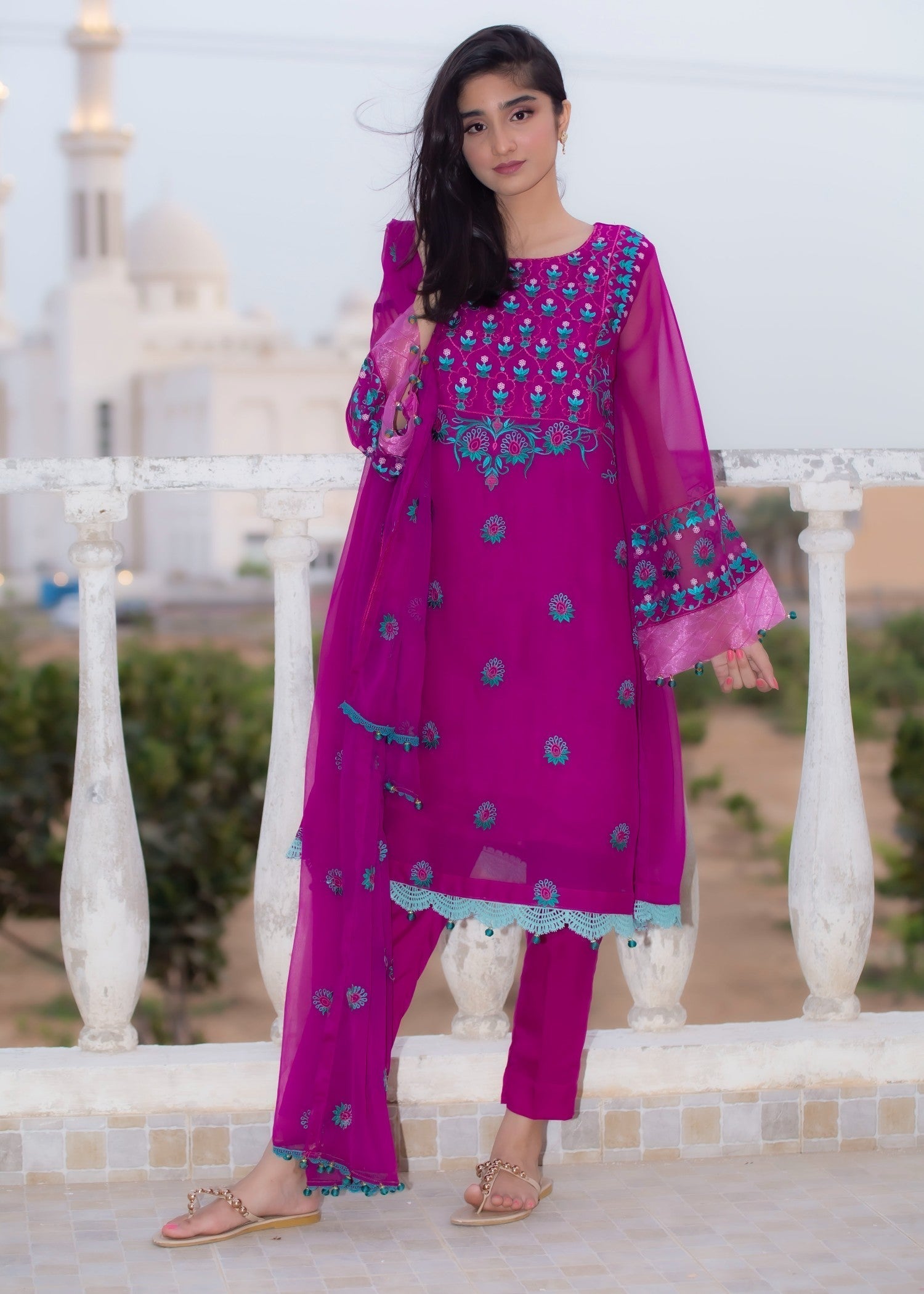 Hayati Collections Chiffon | Embroidered Suit with Dupatta | Magenta Women 3pcs
