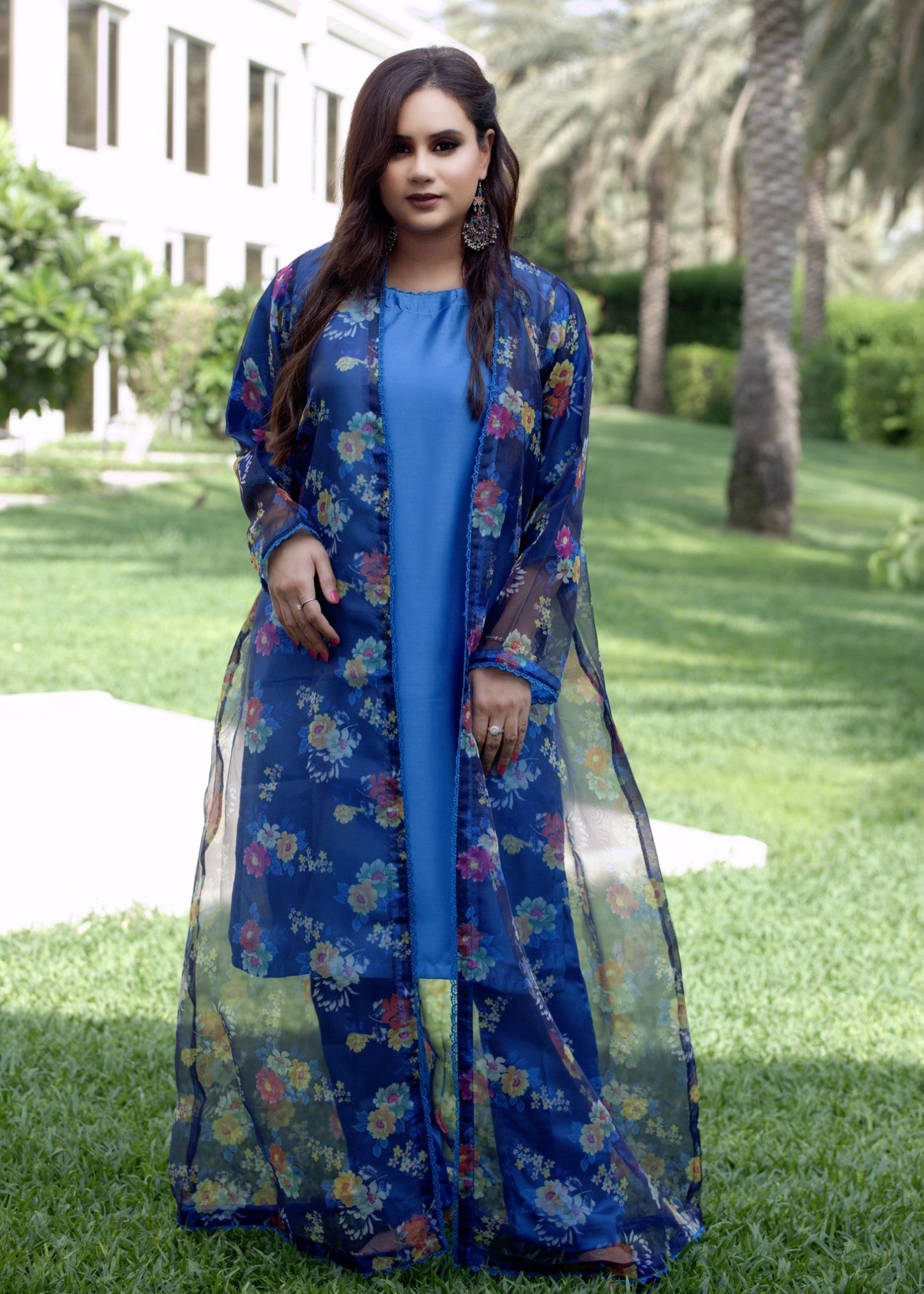 Hayati Collections Organza | Printed Gown with Silk Inner | | Dark Blue Women 3pcs