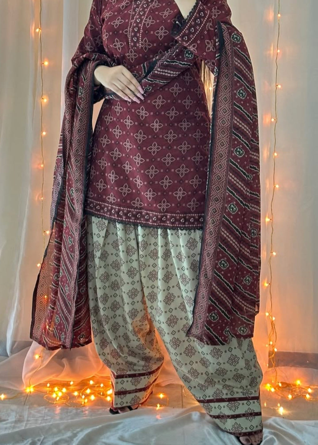 Gulposh Ajrak Mehroon (Digital Printed with Farshi Shalwar) Women 3pcs