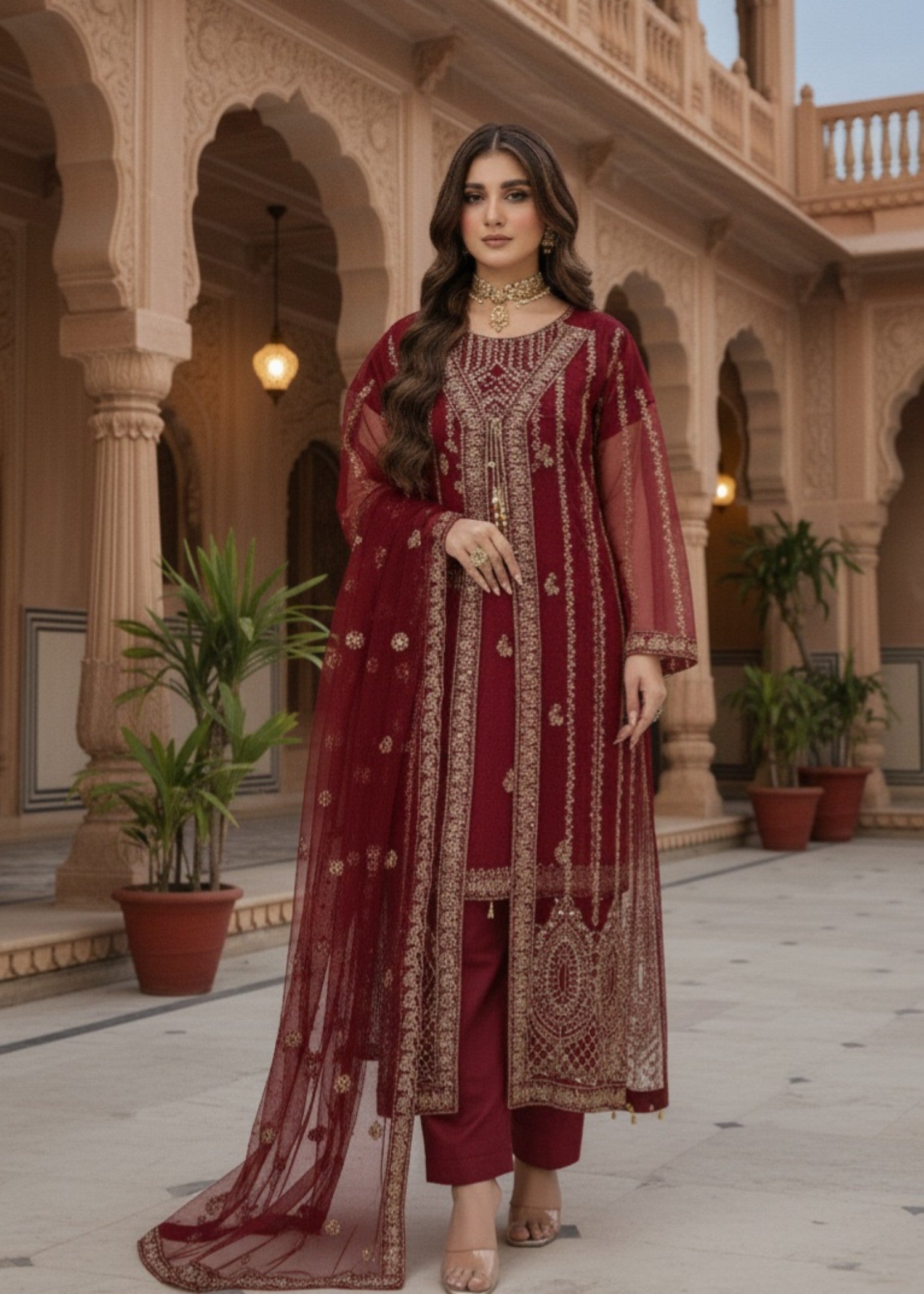 Pehnawa By Bin Akram’s Red Elegance | Net Maxi Women 4pcs