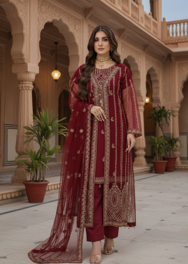 Pehnawa By Bin Akram’s Red Elegance | Net Maxi Women 4pcs