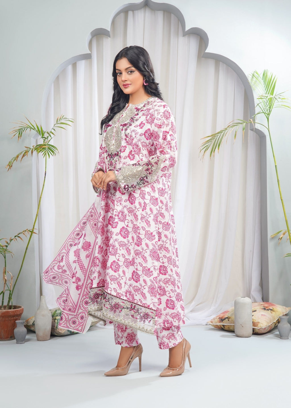 Dareechay Off White Ivory Petals Print Suit (Frock) FOP36 Women 3pcs